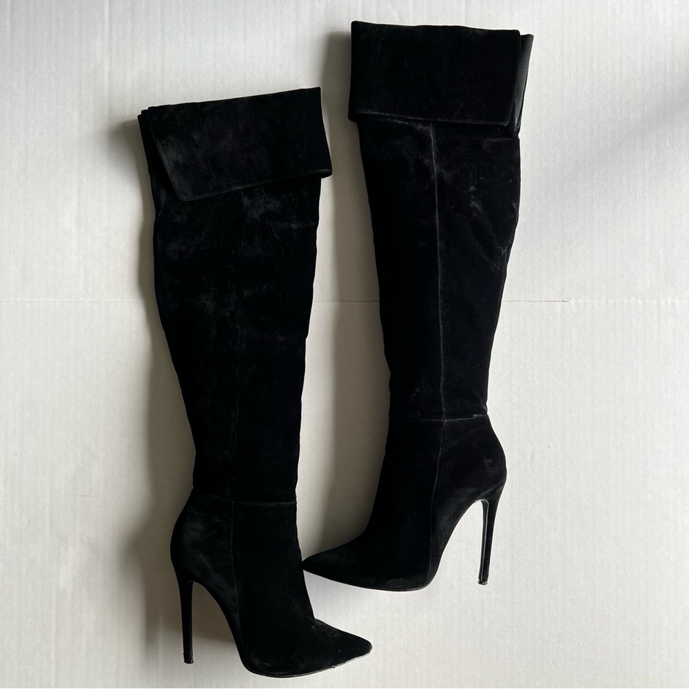 {SOLD} Elegant Faux Suede Black Over-the-Knee Boots Stiletto Heel